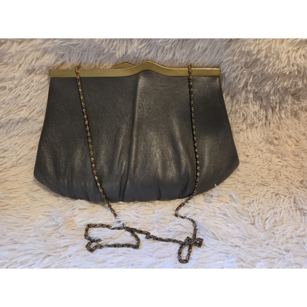Ande, Vintage, Gray Leather Clutch/Shoulder, Gold Chain strap
